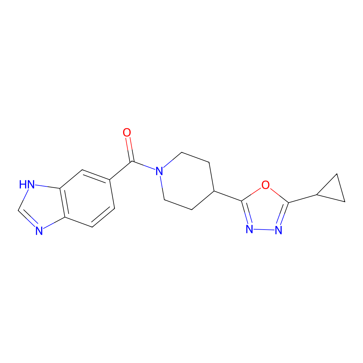 (1H-benzo[d]imidazol-5-yl)(4-(5-cyclopropyl-1,3,4-oxadiazol-2-yl)piperidin-1-yl)methanone molecular structure, CAS 1210475-42-5