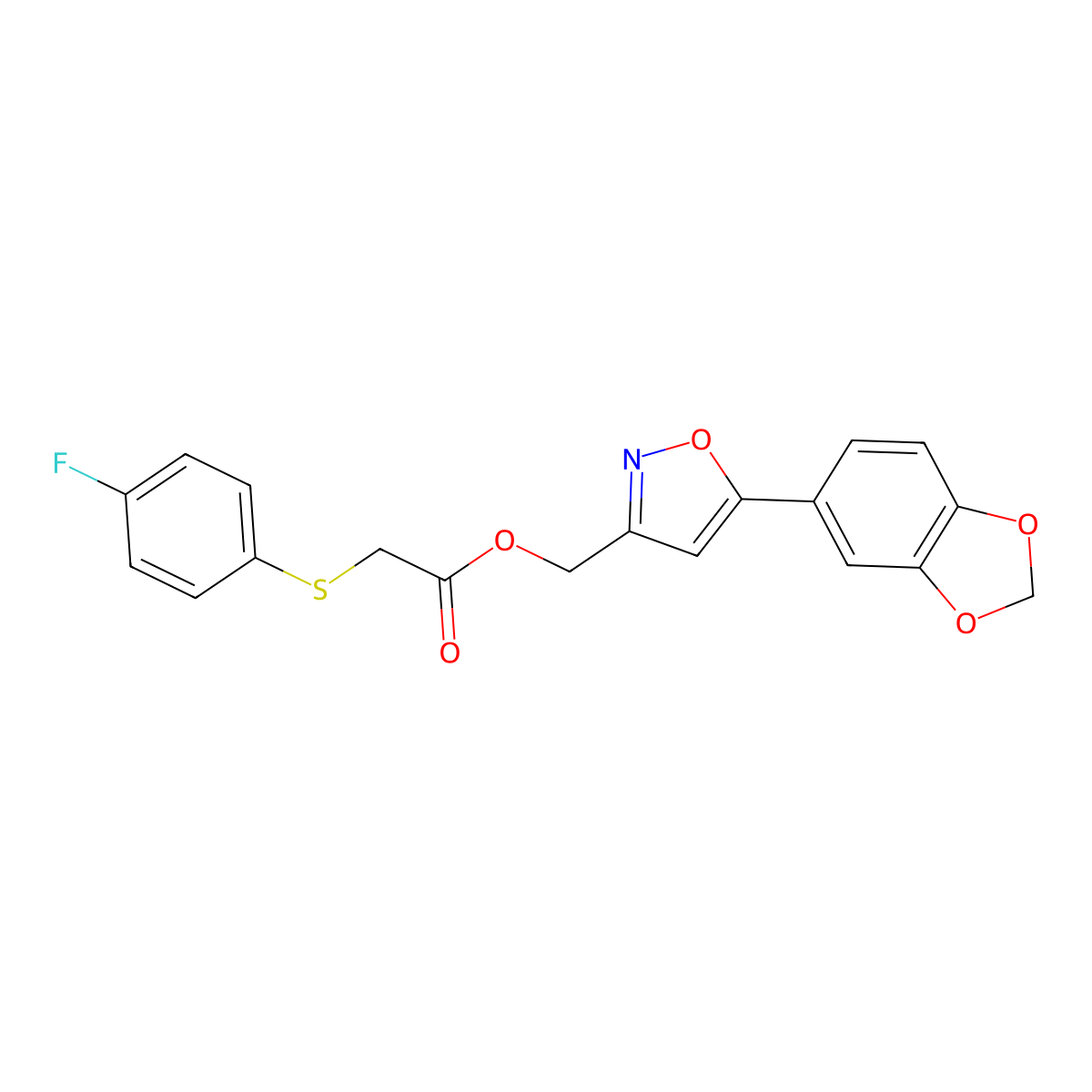 (5-(Benzo[d][1,3]dioxol-5-yl)isoxazol-3-yl)methyl 2-((4-fluorophenyl)thio)acetate molecular structure, CAS 1210481-98-3