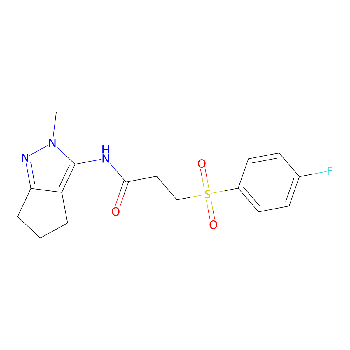 3-((4-fluorophenyl)sulfonyl)-N-(2-methyl-2,4,5,6-tetrahydrocyclopenta[c]pyrazol-3-yl)propanamide molecular structure, CAS 1210485-65-6