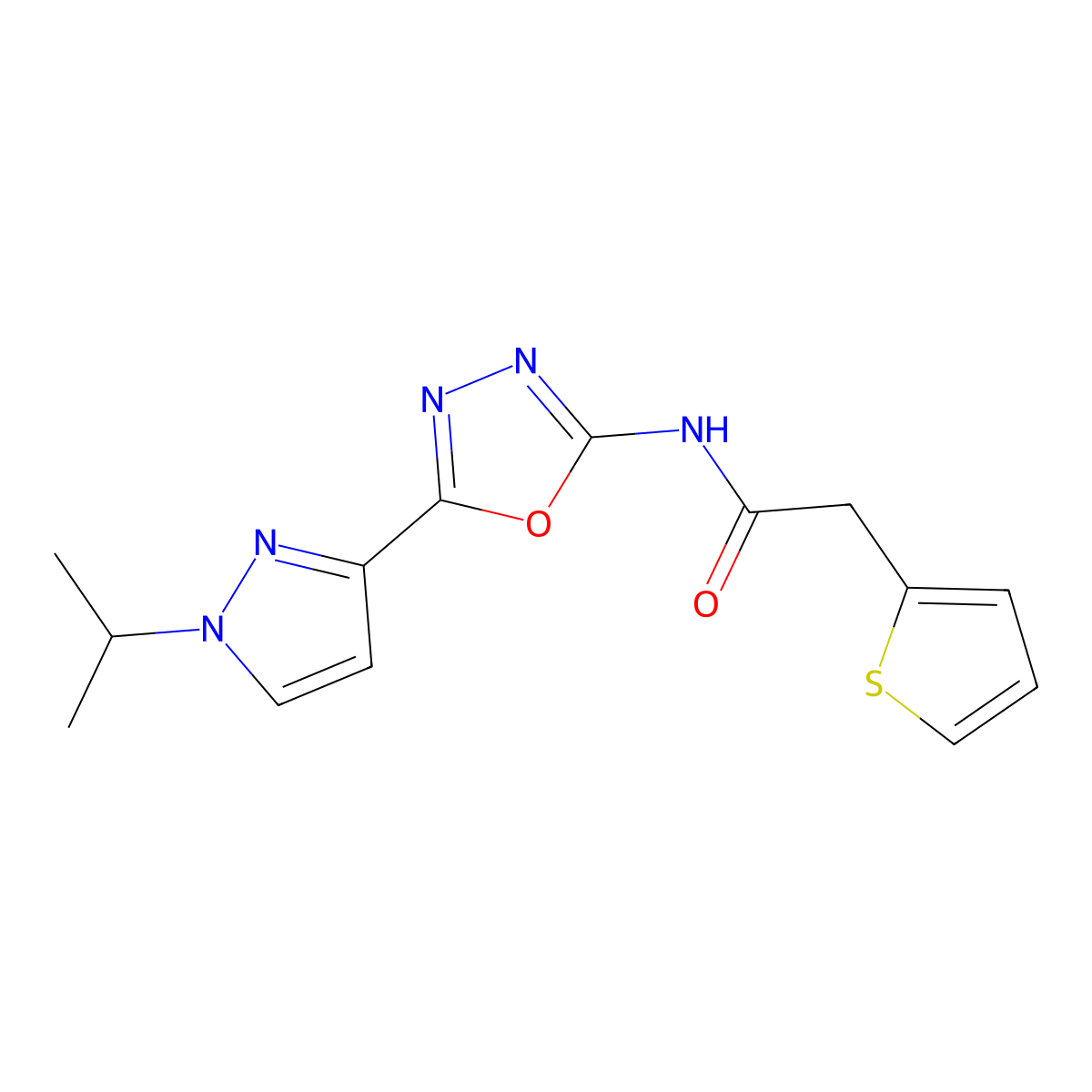 N-(5-(1-isopropyl-1H-pyrazol-3-yl)-1,3,4-oxadiazol-2-yl)-2-(thiophen-2-yl)acetamide molecular structure, CAS 1210488-27-9
