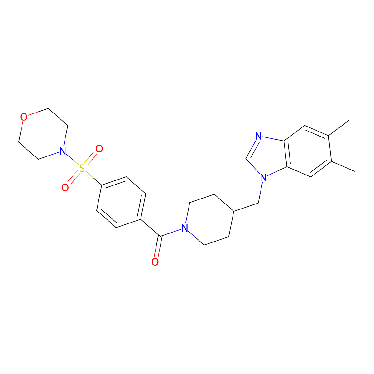 (4-((5,6-dimethyl-1H-benzo[d]imidazol-1-yl)methyl)piperidin-1-yl)(4-(morpholinosulfonyl)phenyl)methanone molecular structure, CAS 1210496-46-0