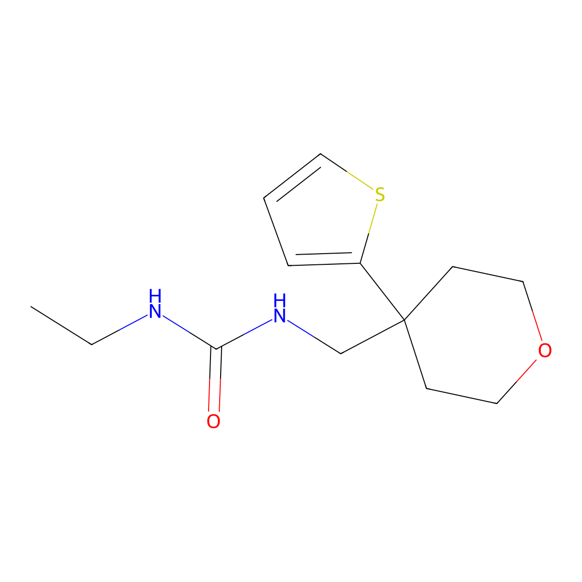 1-ethyl-3-((4-(thiophen-2-yl)tetrahydro-2H-pyran-4-yl)methyl)urea molecular structure, CAS 1210497-18-9