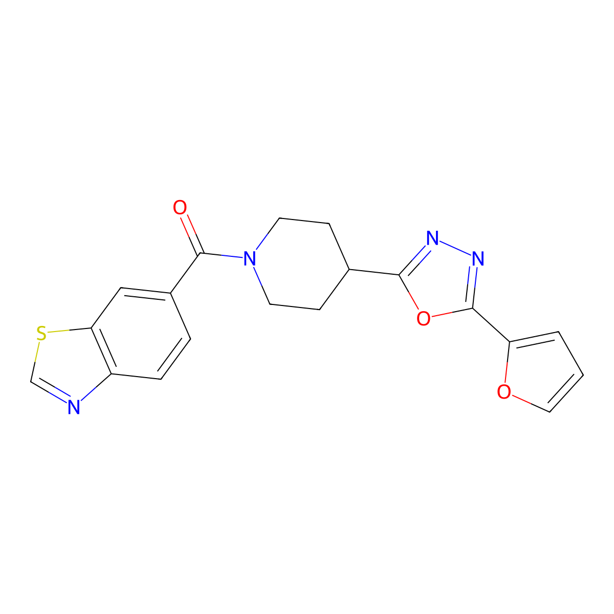 Benzo[d]thiazol-6-yl(4-(5-(furan-2-yl)-1,3,4-oxadiazol-2-yl)piperidin-1-yl)methanone molecular structure, CAS 1210501-84-0