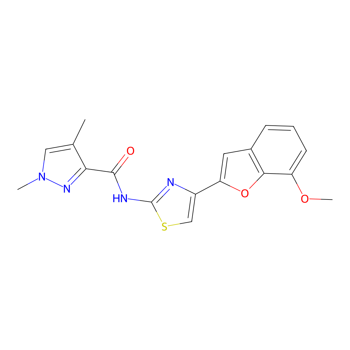 N-(4-(7-methoxybenzofuran-2-yl)thiazol-2-yl)-1,4-dimethyl-1H-pyrazole-3-carboxamide molecular structure, CAS 1210509-96-8
