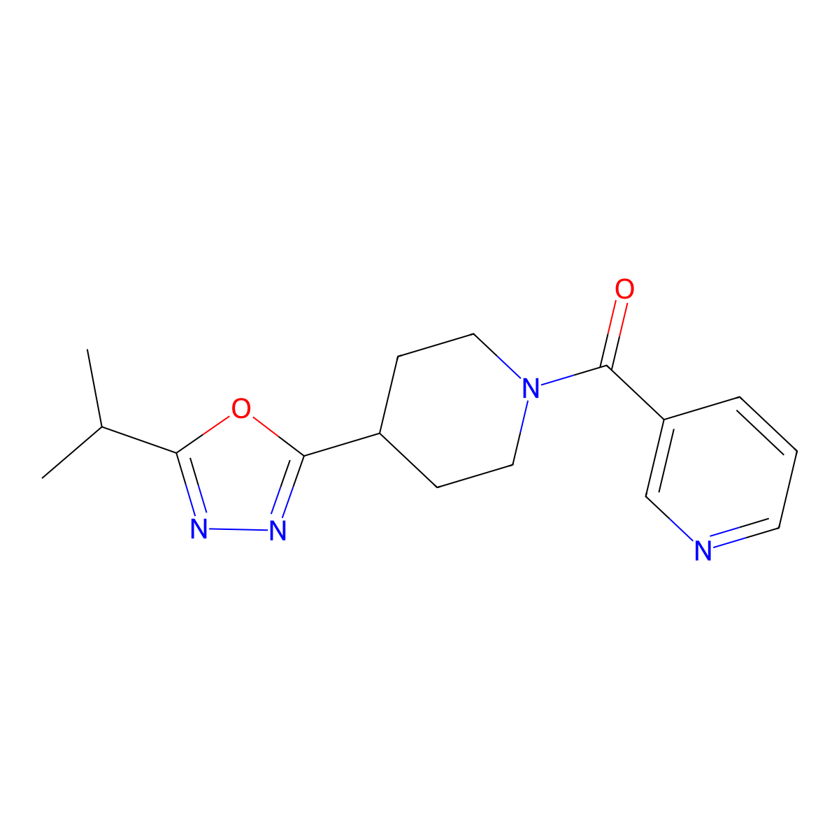 (4-(5-Isopropyl-1,3,4-oxadiazol-2-yl)piperidin-1-yl)(pyridin-3-yl)methanone molecular structure, CAS 1210510-10-3