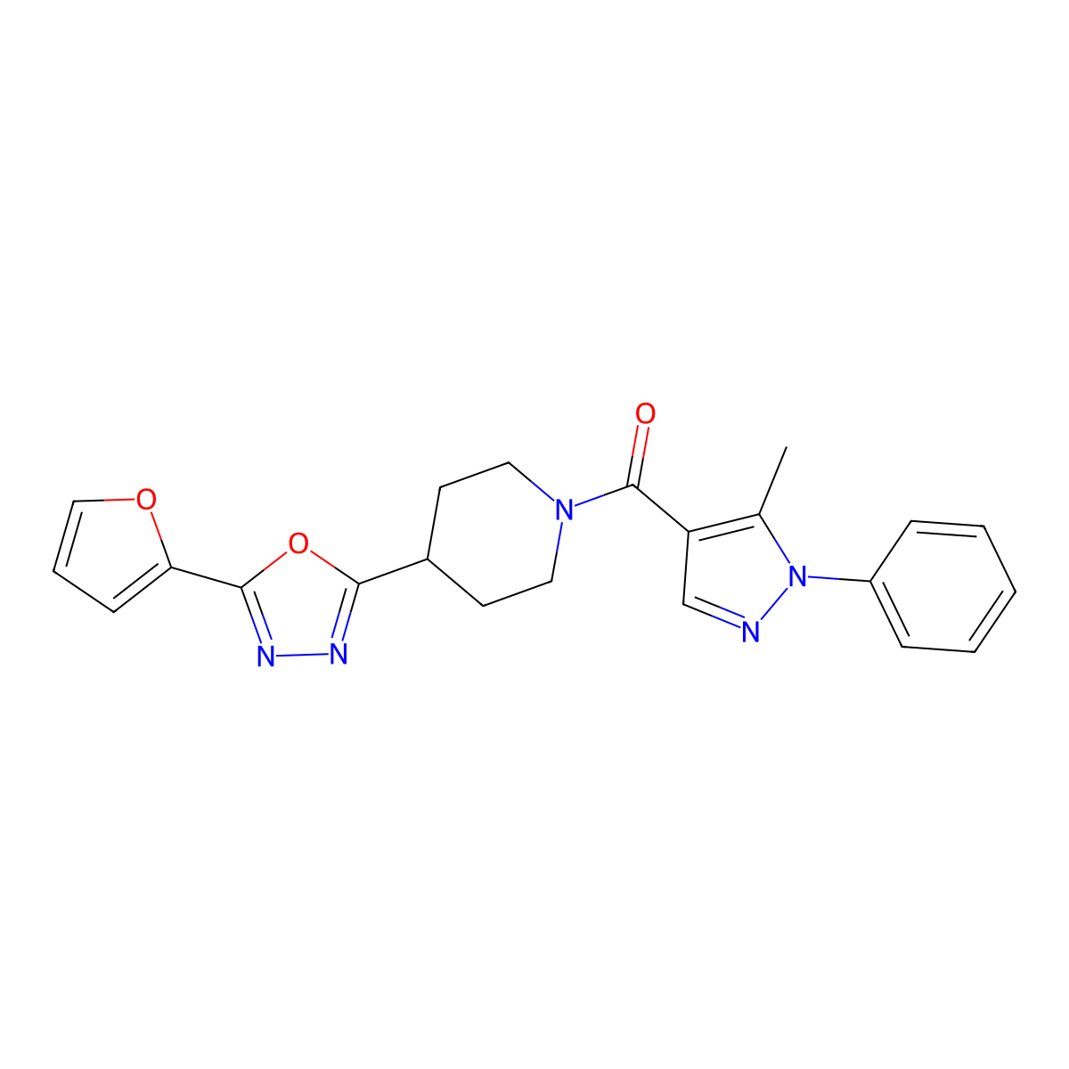 (4-(5-(furan-2-yl)-1,3,4-oxadiazol-2-yl)piperidin-1-yl)(5-methyl-1-phenyl-1H-pyrazol-4-yl)methanone molecular structure, CAS 1210510-93-2