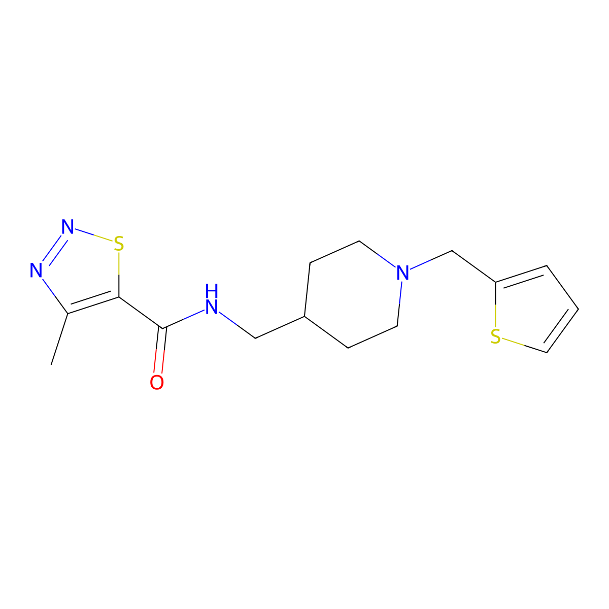 4-methyl-N-((1-(thiophen-2-ylmethyl)piperidin-4-yl)methyl)-1,2,3-thiadiazole-5-carboxamide molecular structure, CAS 1210517-42-2