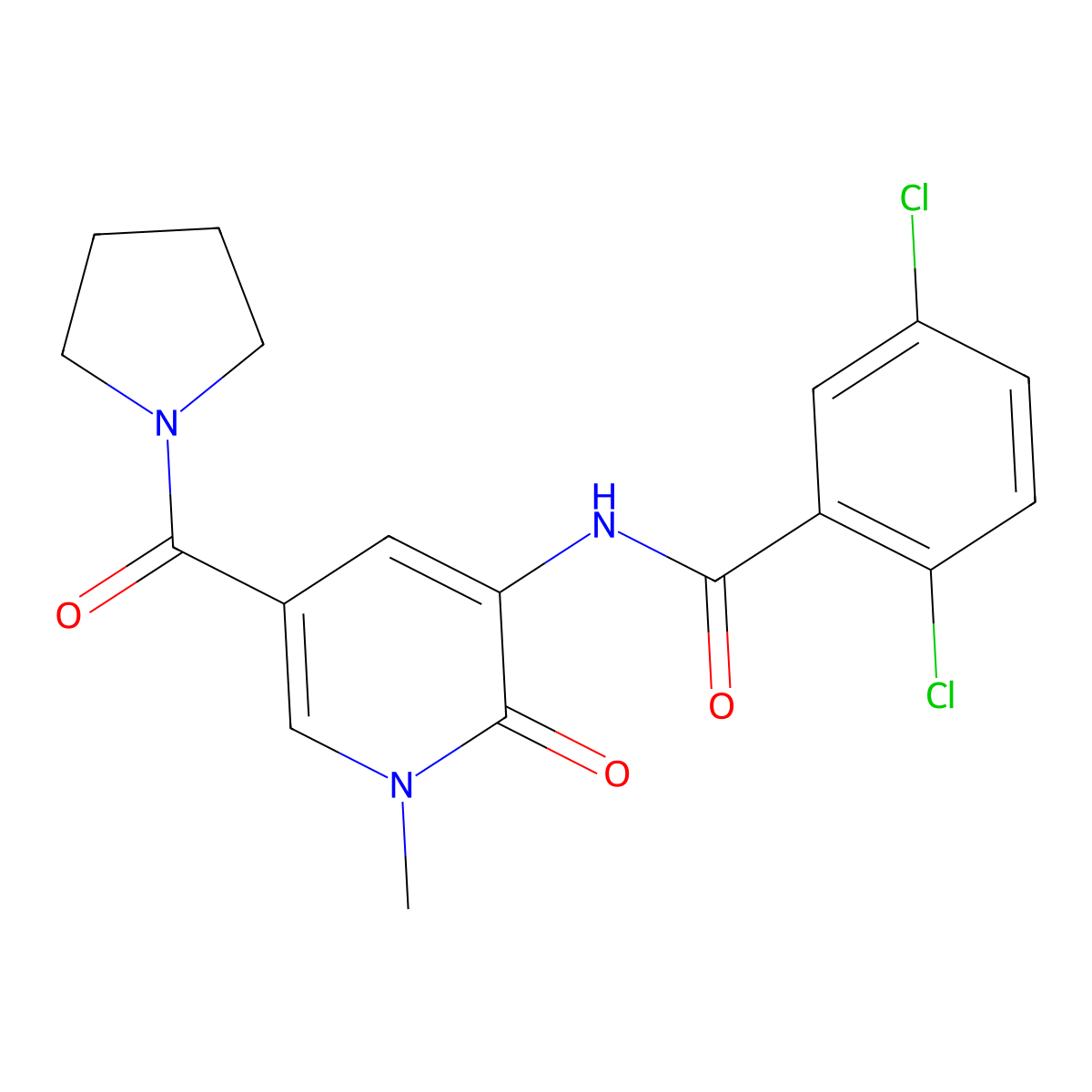 2,5-dichloro-N-(1-methyl-2-oxo-5-(pyrrolidine-1-carbonyl)-1,2-dihydropyridin-3-yl)benzamide molecular structure, CAS 1210524-14-3