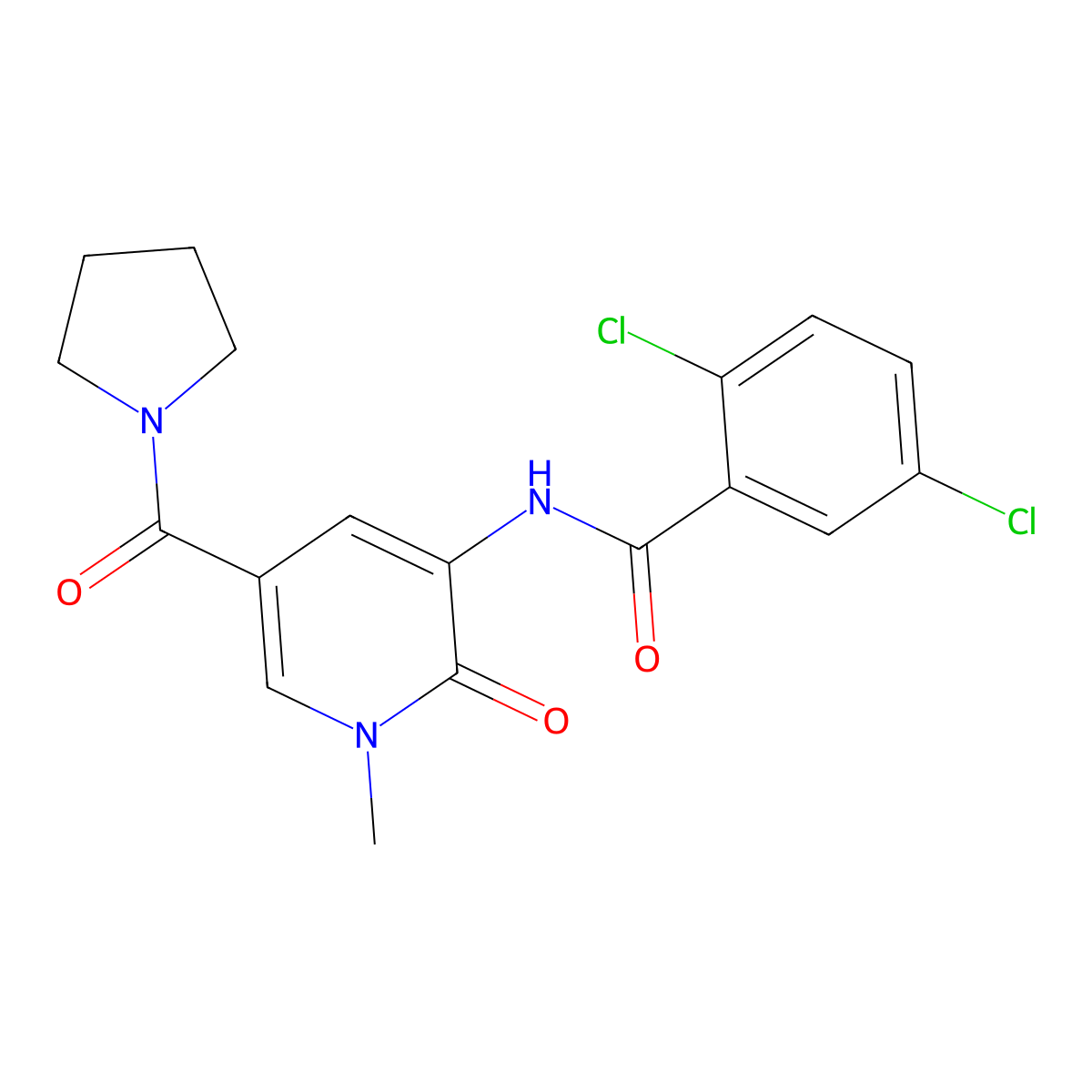 2,5-dichloro-N-(1-methyl-2-oxo-5-(pyrrolidine-1-carbonyl)-1,2-dihydropyridin-3-yl)benzamide molecular structure, CAS 1210524-14-3