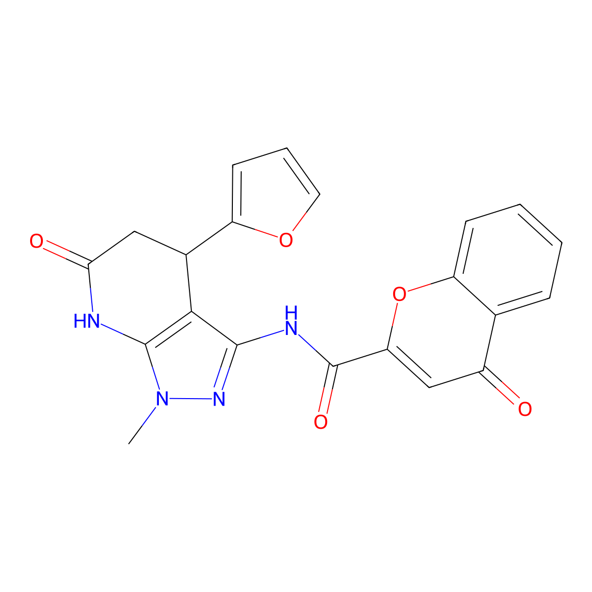 N-(4-(furan-2-yl)-1-methyl-6-oxo-4,5,6,7-tetrahydro-1H-pyrazolo[3,4-b]pyridin-3-yl)-4-oxo-4H-chromene-2-carboxamide molecular structure, CAS 1210524-31-4