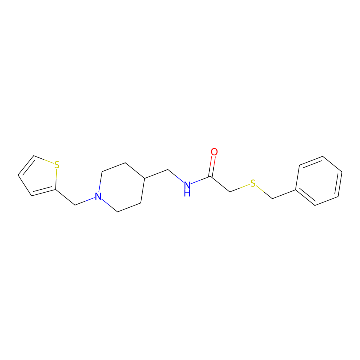 2-(benzylthio)-N-((1-(thiophen-2-ylmethyl)piperidin-4-yl)methyl)acetamide molecular structure, CAS 1210536-76-7