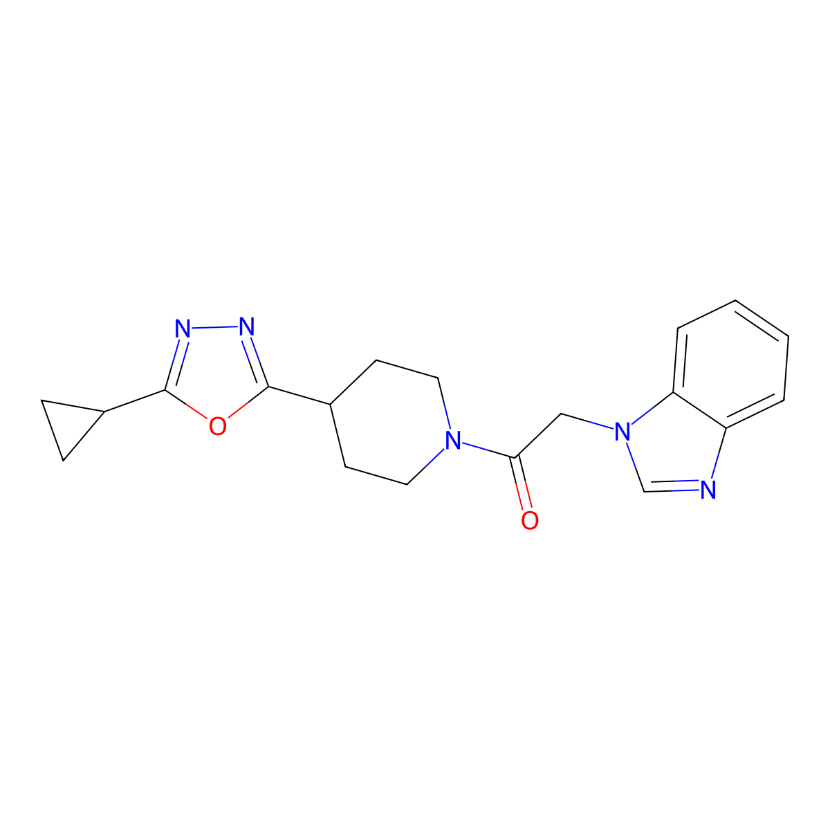 2-(1H-1,3-benzodiazol-1-yl)-1-[4-(5-cyclopropyl-1,3,4-oxadiazol-2-yl)piperidin-1-yl]ethan-1-one molecular structure, CAS 1210538-45-6