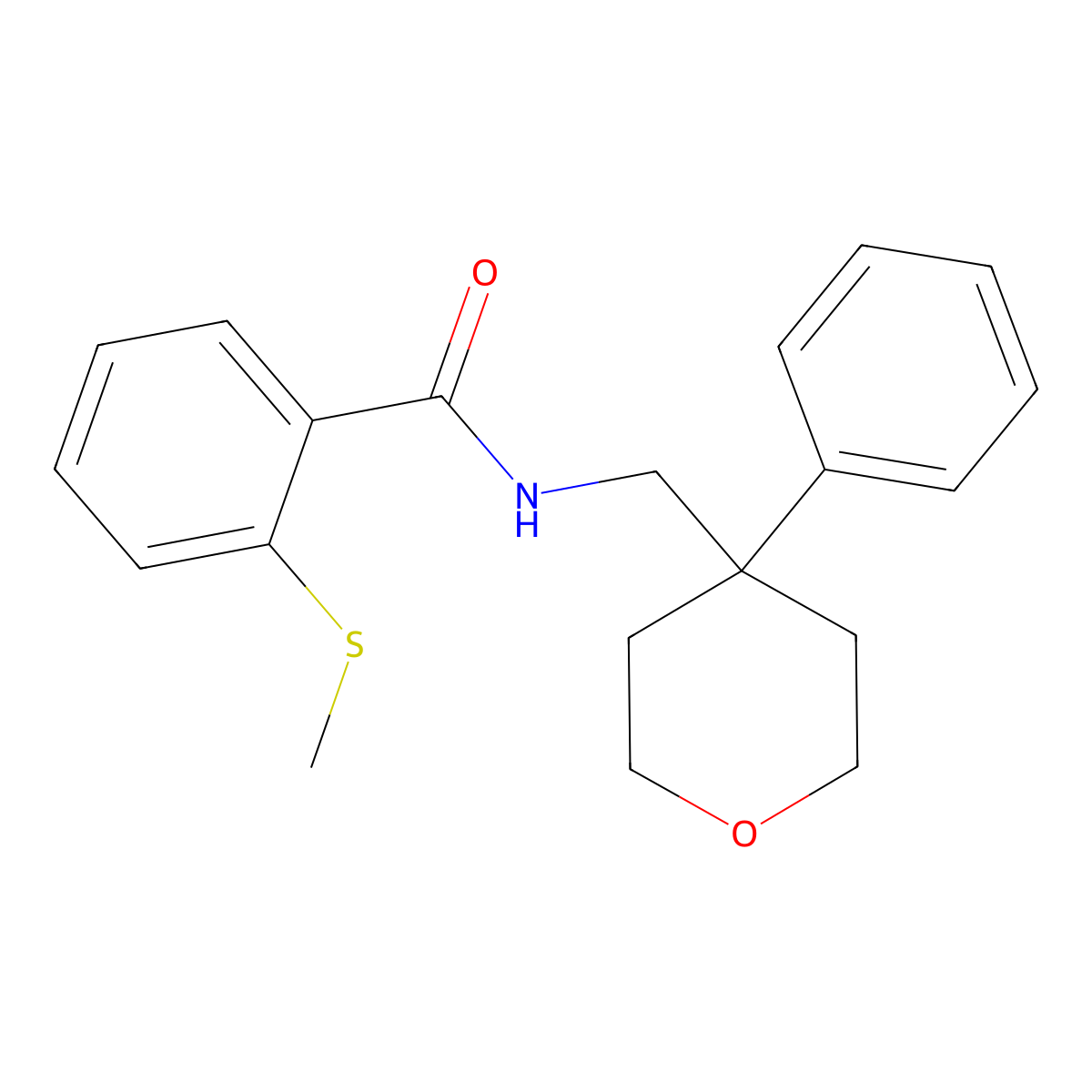 2-(methylthio)-N-((4-phenyltetrahydro-2H-pyran-4-yl)methyl)benzamide molecular structure, CAS 1210542-31-6