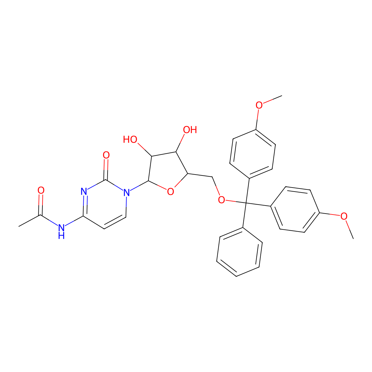 N-(1-((2R,3R,4S,5R)-5-((bis(4-methoxyphenyl)(phenyl)methoxy)methyl)-3,4-dihydroxytetrahydrofuran-2-yl)-2-oxo-1,2-dihydropyrimidin-4-yl)acetamide molecular structure, CAS 121058-82-0