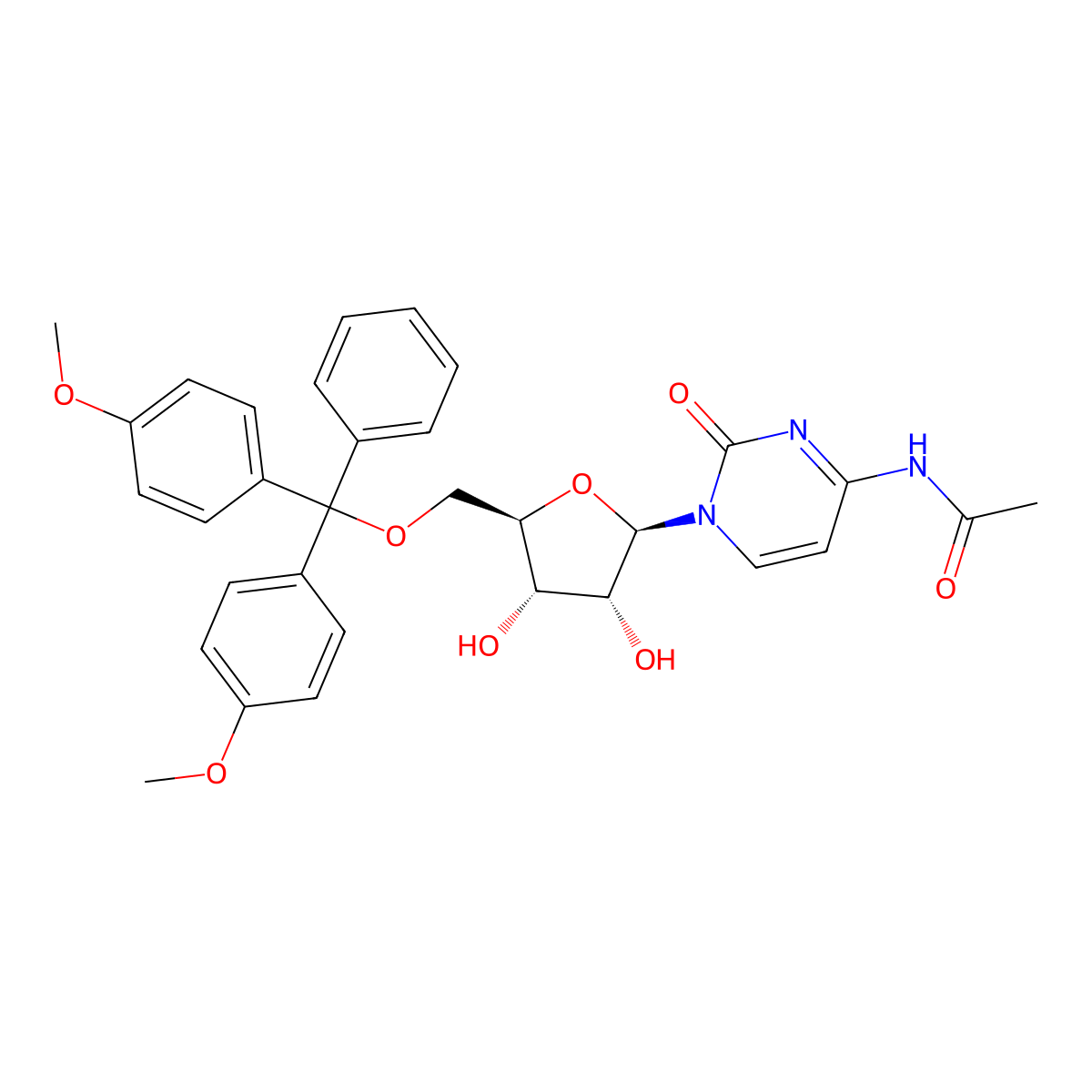 N-(1-((2R,3R,4S,5R)-5-((bis(4-methoxyphenyl)(phenyl)methoxy)methyl)-3,4-dihydroxytetrahydrofuran-2-yl)-2-oxo-1,2-dihydropyrimidin-4-yl)acetamide molecular structure, CAS 121058-82-0