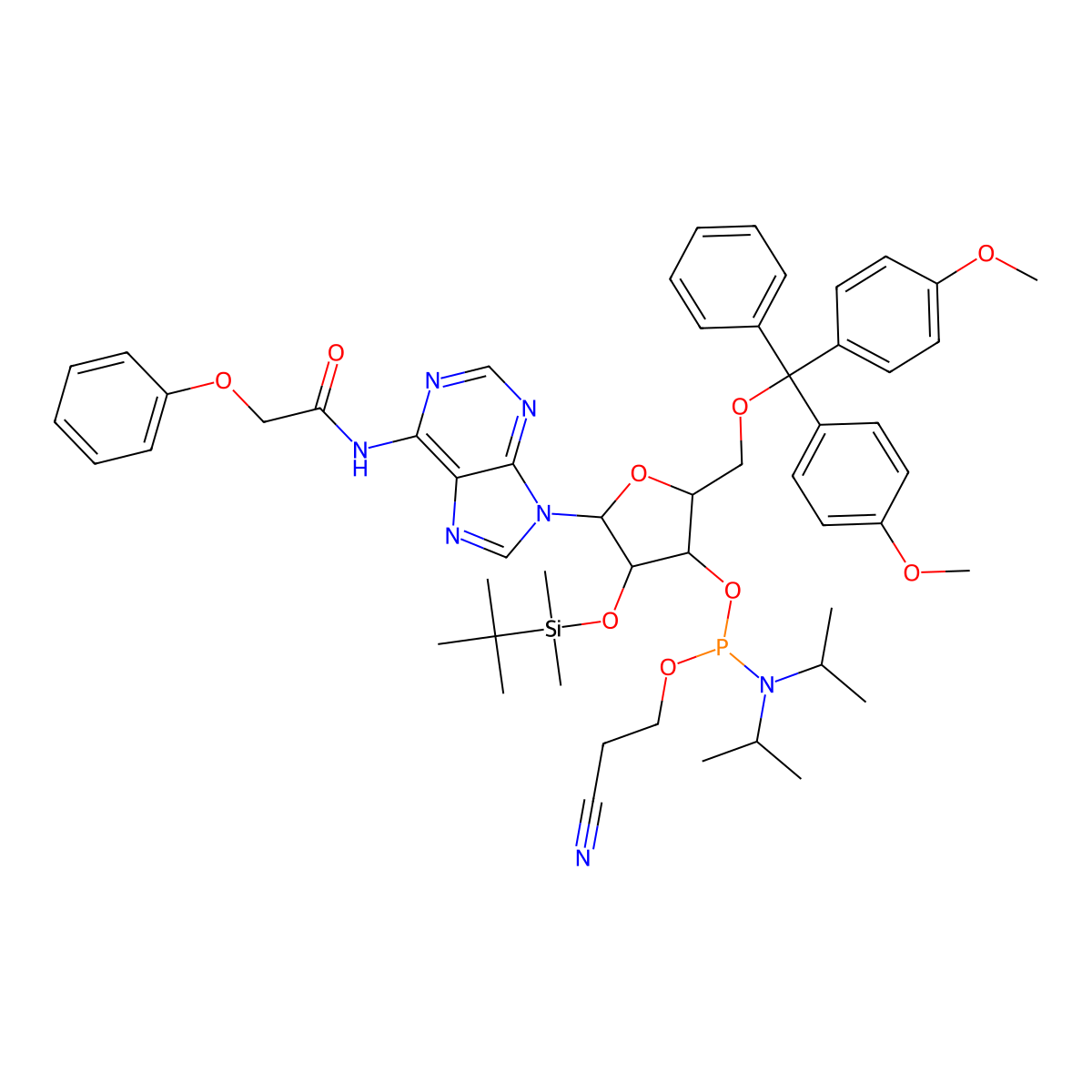 (2R,3R,4R,5R)-2-((Bis(4-methoxyphenyl)(phenyl)methoxy)methyl)-4-((tert-butyldimethylsilyl)oxy)-5-(6-(2-phenoxyacetamido)-9H-purin-9-yl)tetrahydrofuran-3-yl (2-cyanoethyl) diisopropylphosphoramidite molecular structure, CAS 121058-86-4
