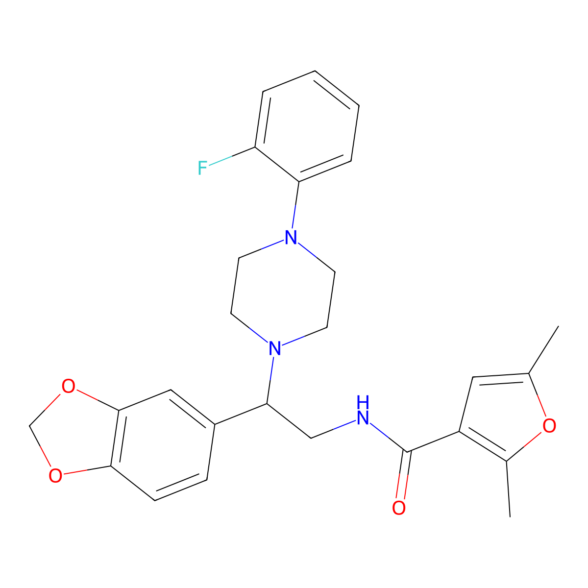 N-(2-(benzo[d][1,3]dioxol-5-yl)-2-(4-(2-fluorophenyl)piperazin-1-yl)ethyl)-2,5-dimethylfuran-3-carboxamide molecular structure, CAS 1210600-58-0