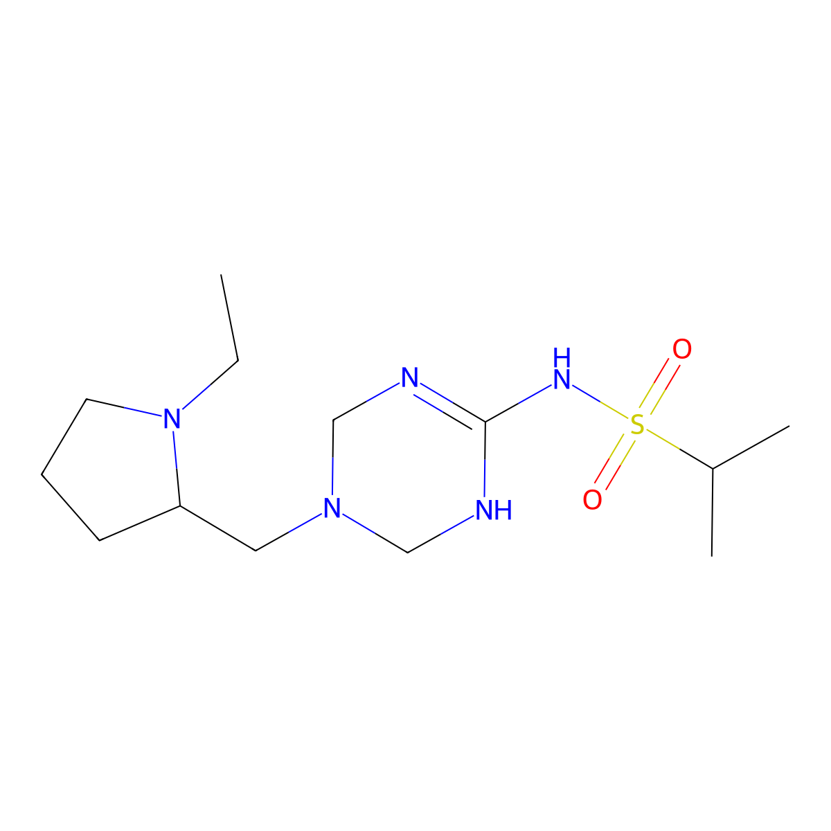 N-{5-[(1-ethylpyrrolidin-2-yl)methyl]-1,4,5,6-tetrahydro-1,3,5-triazin-2-yl}propane-2-sulfonamide molecular structure, CAS 1210602-19-9