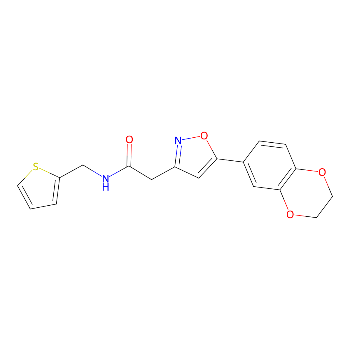 2-(5-(2,3-dihydrobenzo[b][1,4]dioxin-6-yl)isoxazol-3-yl)-N-(thiophen-2-ylmethyl)acetamide molecular structure, CAS 1210612-13-7