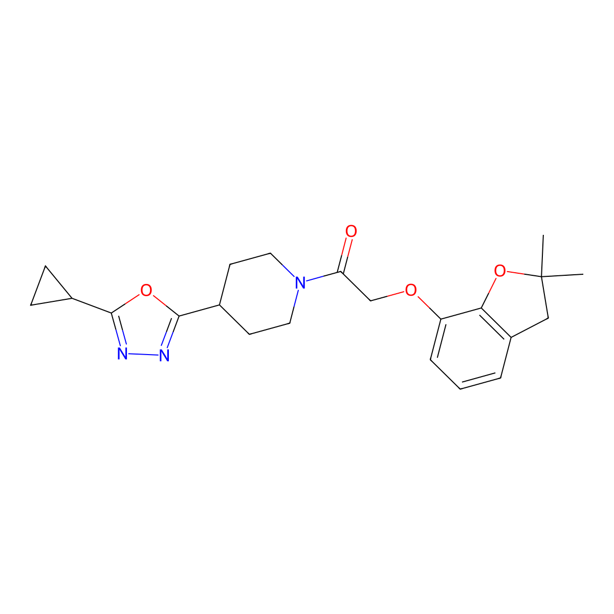 1-(4-(5-Cyclopropyl-1,3,4-oxadiazol-2-yl)piperidin-1-yl)-2-((2,2-dimethyl-2,3-dihydrobenzofuran-7-yl)oxy)ethanone molecular structure, CAS 1210615-19-2
