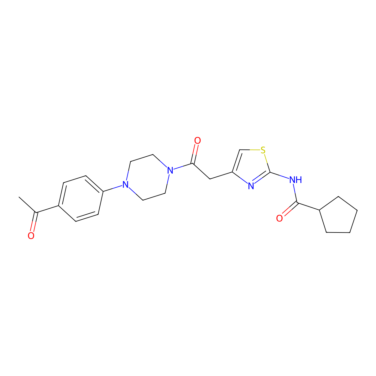 N-(4-(2-(4-(4-acetylphenyl)piperazin-1-yl)-2-oxoethyl)thiazol-2-yl)cyclopentanecarboxamide molecular structure, CAS 1210618-09-9