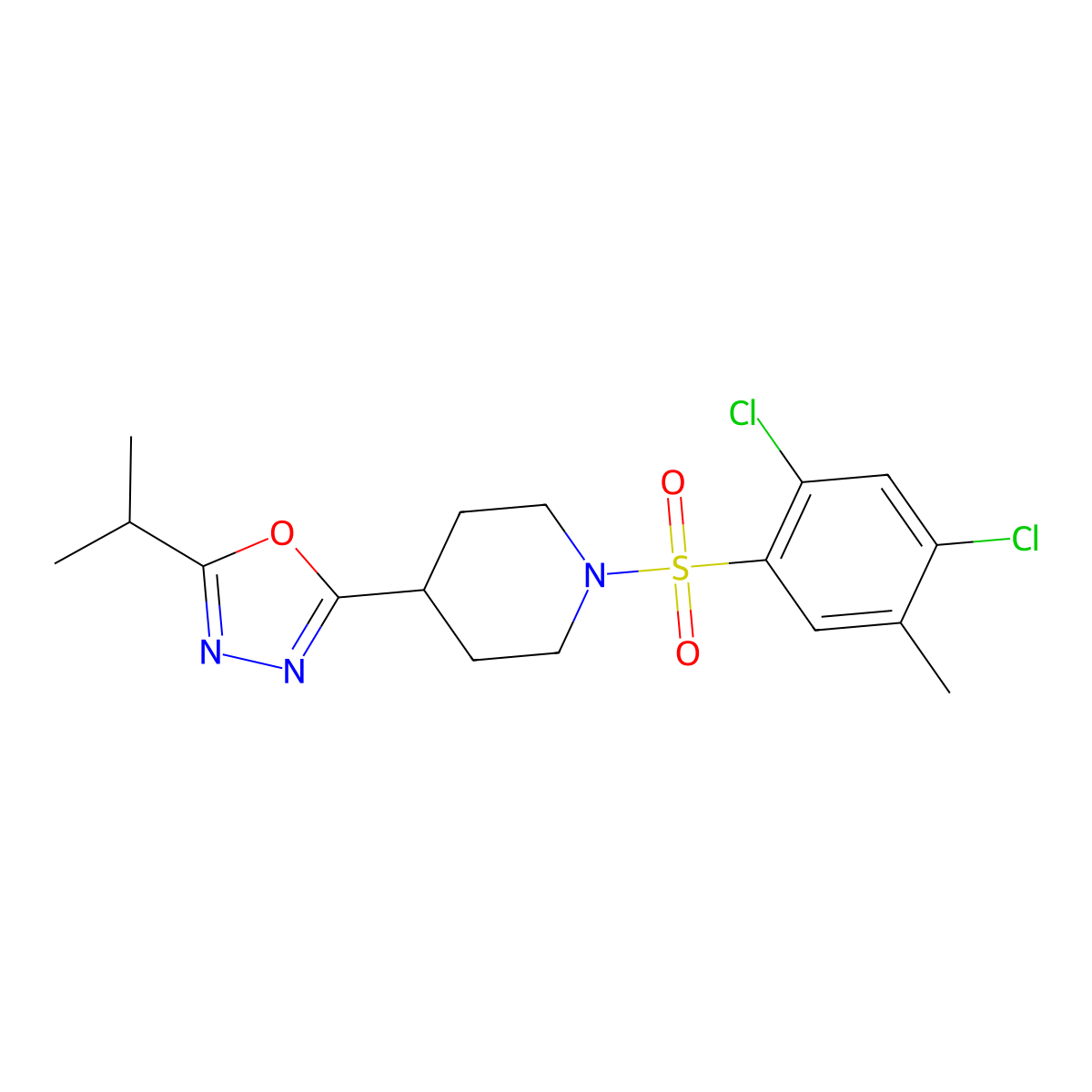 2-(1-((2,4-Dichloro-5-methylphenyl)sulfonyl)piperidin-4-yl)-5-isopropyl-1,3,4-oxadiazole molecular structure, CAS 1210625-16-3