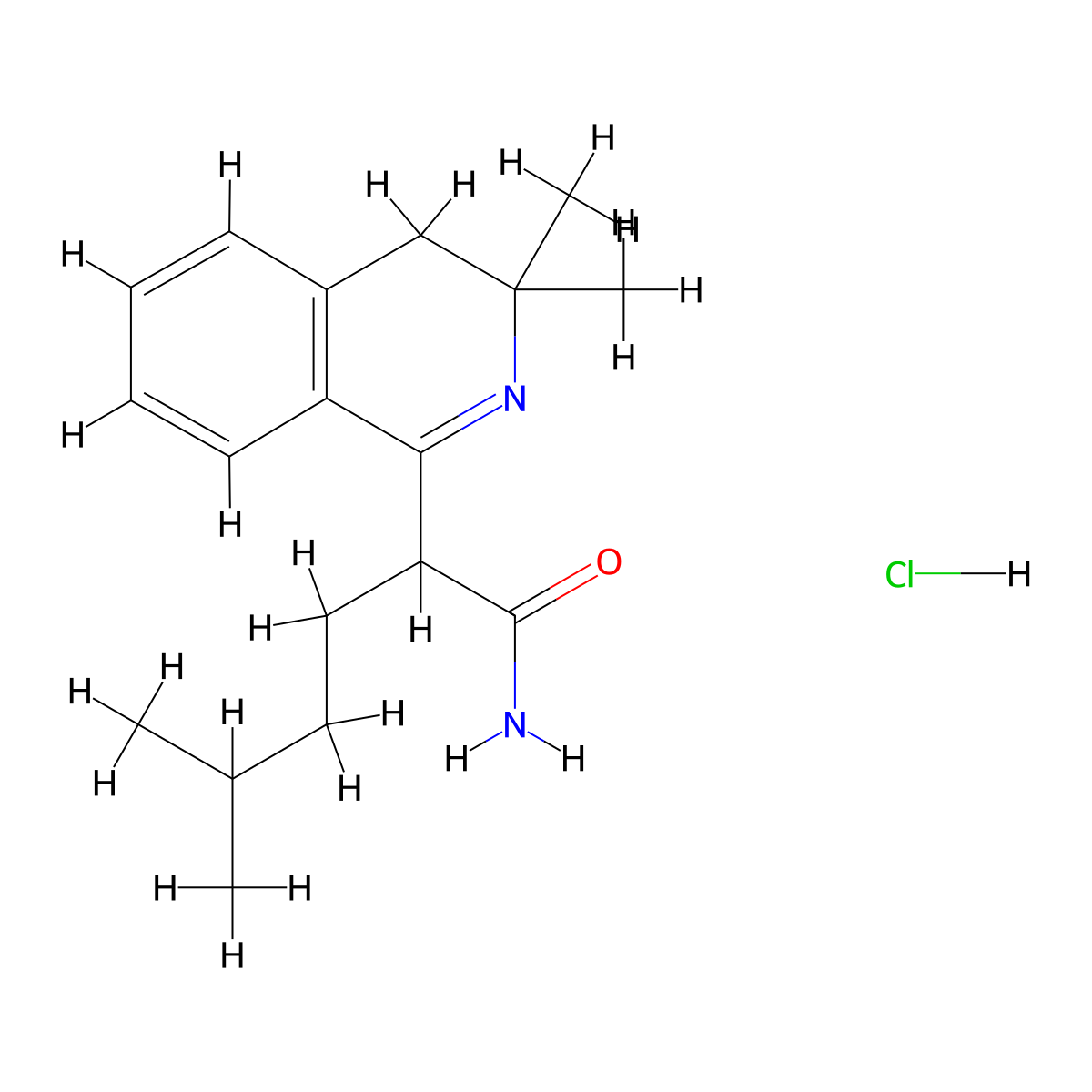 1-Isoquinolineacetamide, 3,4-dihydro-3,3-dimethyl-alpha-(3-methylbutyl)-, monohydrochloride molecular structure, CAS 121064-17-3