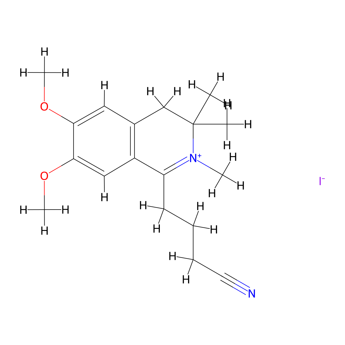 Isoquinolinium, 3,4-dihydro-1-(3-cyanopropyl)-6,7-dimethoxy-2,3,3-trimethyl-, iodide molecular structure, CAS 121064-28-6