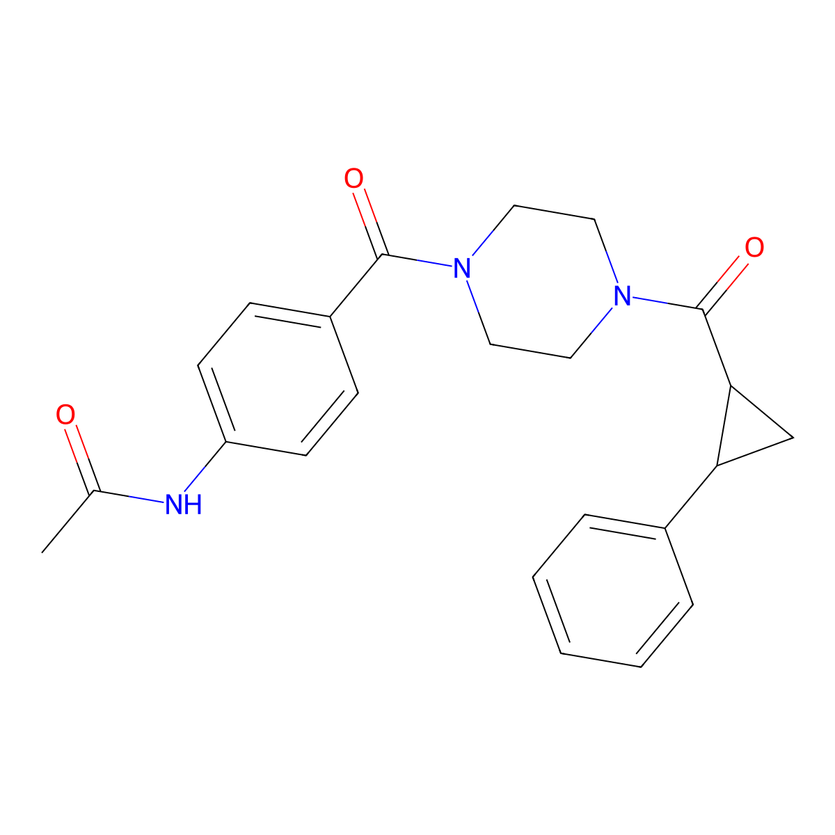 N-{4-[4-(2-phenylcyclopropanecarbonyl)piperazine-1-carbonyl]phenyl}acetamide molecular structure, CAS 1210640-38-2