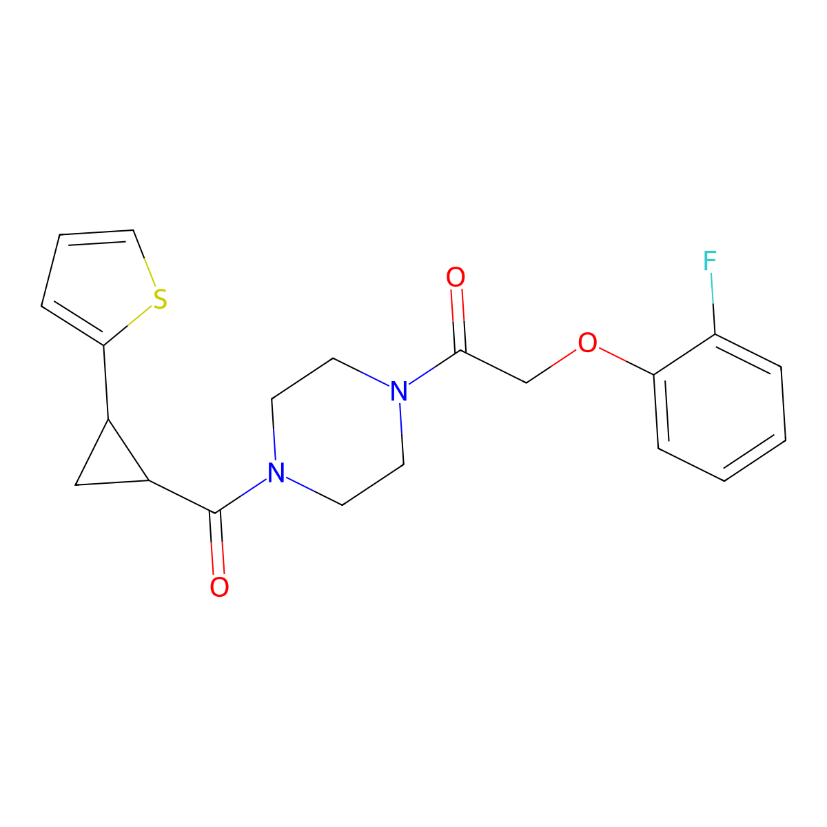 2-(2-Fluorophenoxy)-1-(4-(2-(thiophen-2-yl)cyclopropanecarbonyl)piperazin-1-yl)ethanone molecular structure, CAS 1210640-55-3