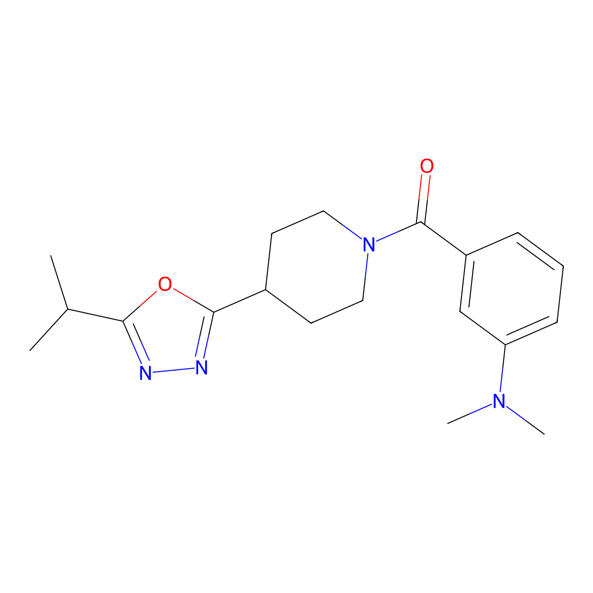 (3-(Dimethylamino)phenyl)(4-(5-isopropyl-1,3,4-oxadiazol-2-yl)piperidin-1-yl)methanone molecular structure, CAS 1210643-00-7