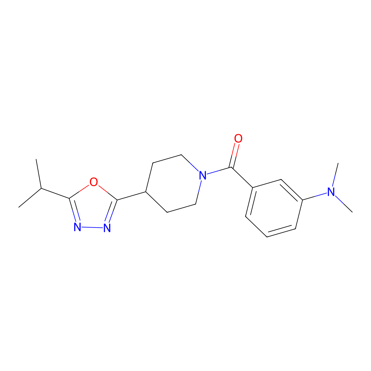 (3-(Dimethylamino)phenyl)(4-(5-isopropyl-1,3,4-oxadiazol-2-yl)piperidin-1-yl)methanone molecular structure, CAS 1210643-00-7