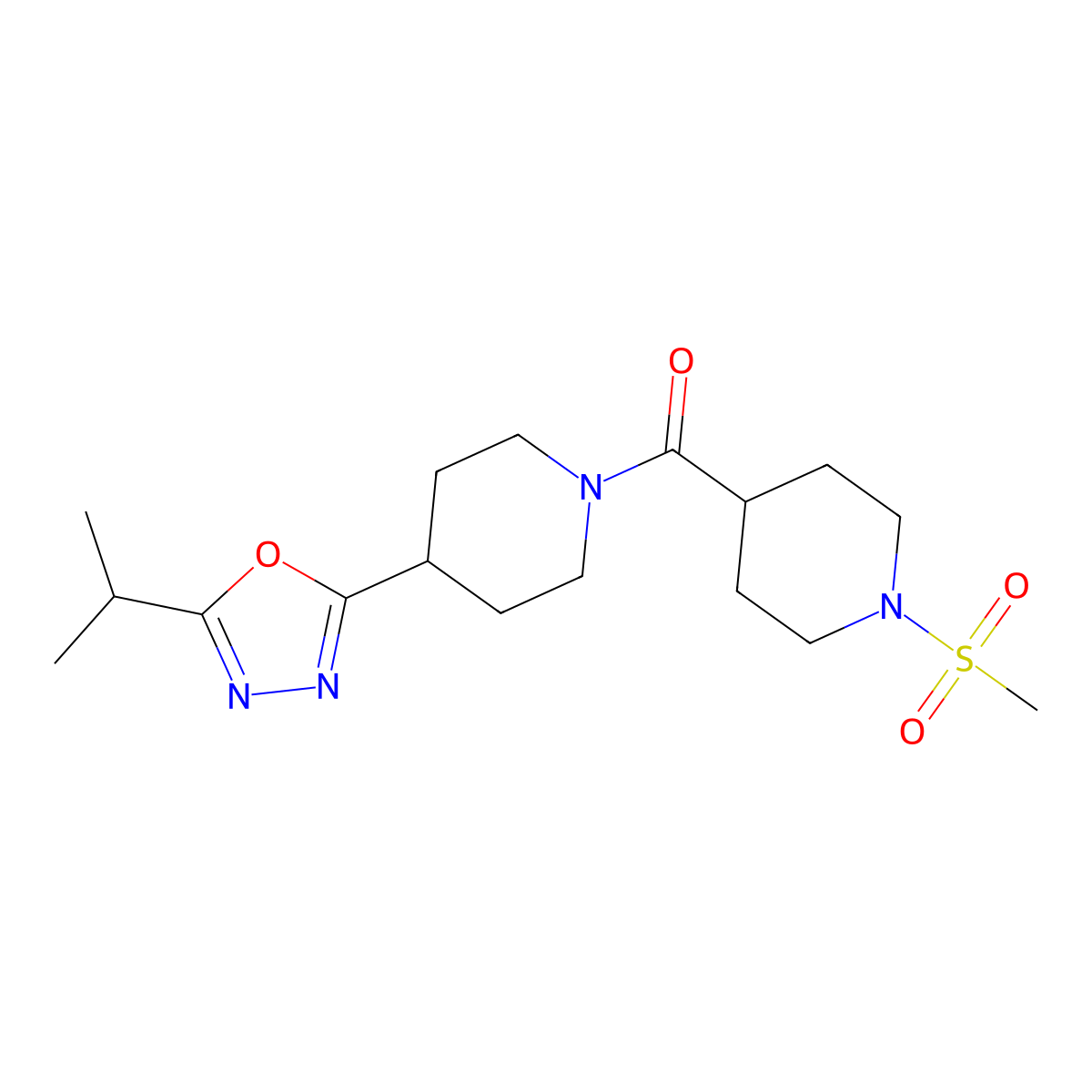 1-(1-Methanesulfonylpiperidine-4-carbonyl)-4-[5-(propan-2-yl)-1,3,4-oxadiazol-2-yl]piperidine molecular structure, CAS 1210648-84-2