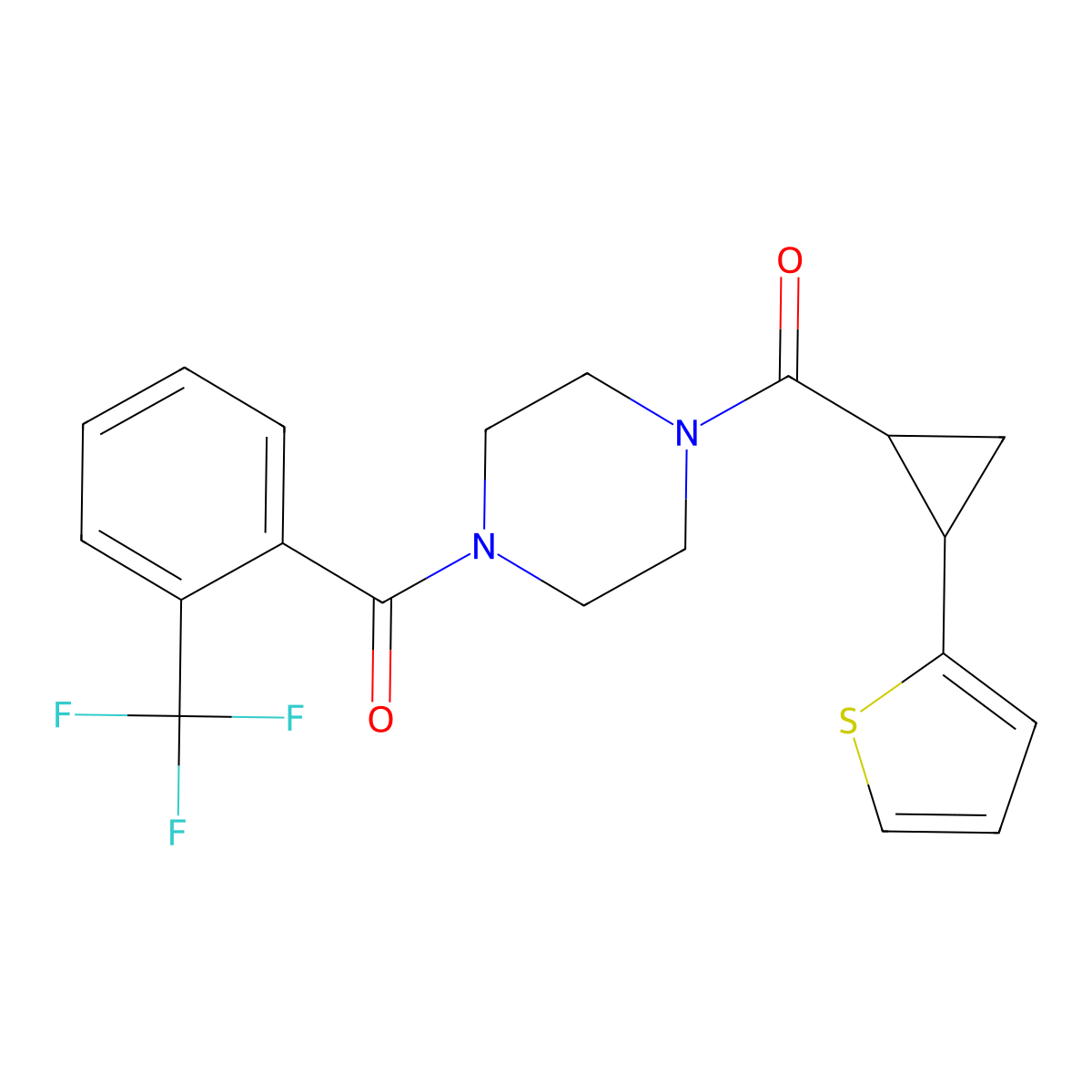(4-(2-(Thiophen-2-yl)cyclopropanecarbonyl)piperazin-1-yl)(2-(trifluoromethyl)phenyl)methanone molecular structure, CAS 1210654-25-3