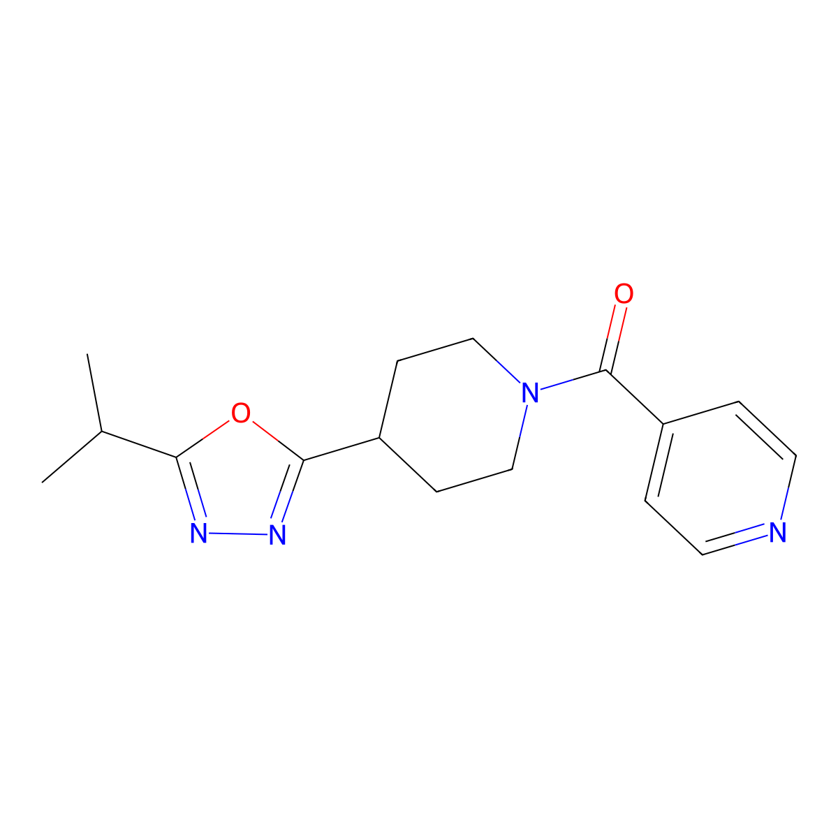 (4-(5-Isopropyl-1,3,4-oxadiazol-2-yl)piperidin-1-yl)(pyridin-4-yl)methanone molecular structure, CAS 1210657-42-3