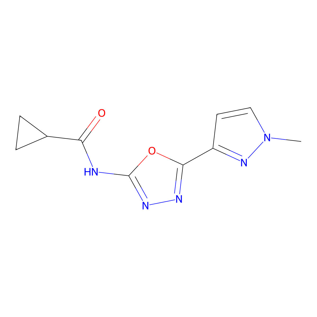 N-[5-(1-methyl-1H-pyrazol-3-yl)-1,3,4-oxadiazol-2-yl]cyclopropanecarboxamide molecular structure, CAS 1210662-66-0