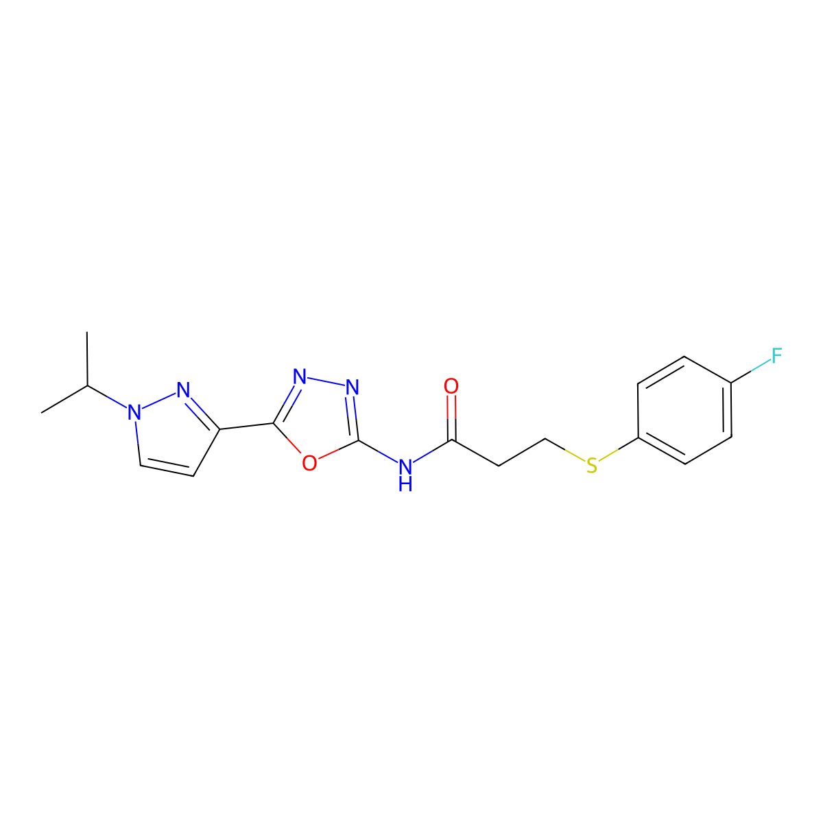 3-((4-fluorophenyl)thio)-N-(5-(1-isopropyl-1H-pyrazol-3-yl)-1,3,4-oxadiazol-2-yl)propanamide molecular structure, CAS 1210668-07-7