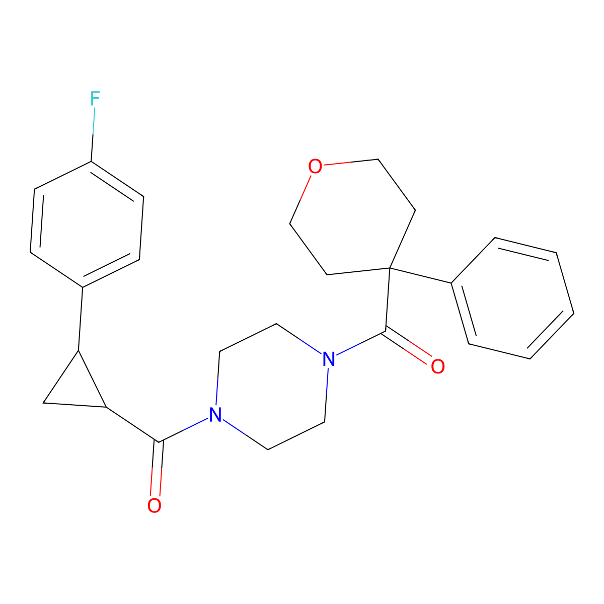 (4-(2-(4-fluorophenyl)cyclopropanecarbonyl)piperazin-1-yl)(4-phenyltetrahydro-2H-pyran-4-yl)methanone molecular structure, CAS 1210668-34-0