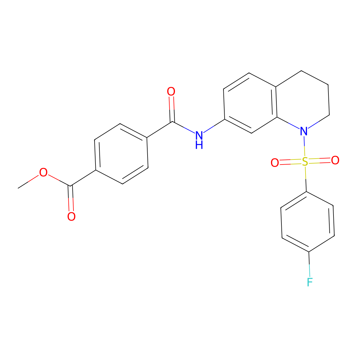 Methyl 4-((1-((4-fluorophenyl)sulfonyl)-1,2,3,4-tetrahydroquinolin-7-yl)carbamoyl)benzoate molecular structure, CAS 1210671-49-0