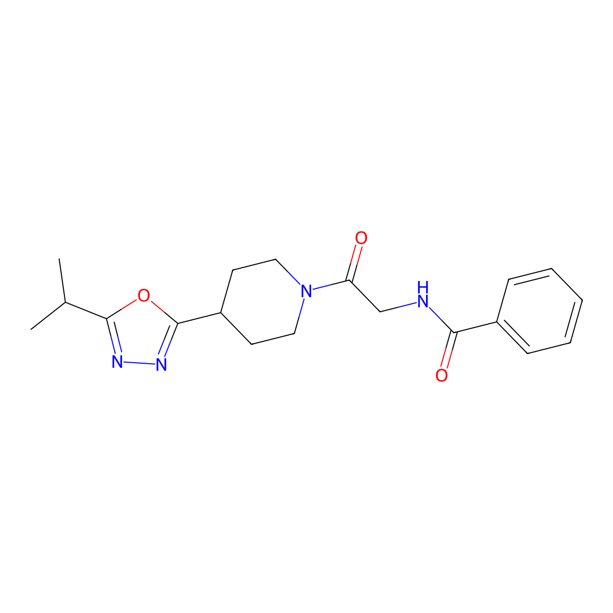 N-(2-(4-(5-isopropyl-1,3,4-oxadiazol-2-yl)piperidin-1-yl)-2-oxoethyl)benzamide molecular structure, CAS 1210671-58-1