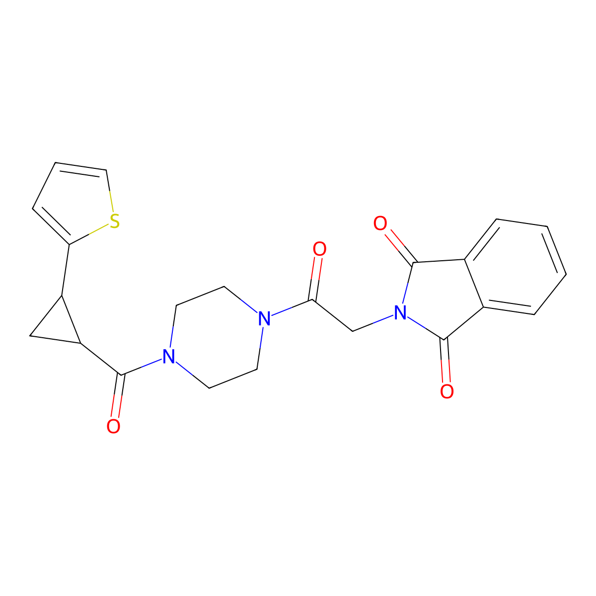 2-(2-Oxo-2-(4-(2-(thiophen-2-yl)cyclopropanecarbonyl)piperazin-1-yl)ethyl)isoindoline-1,3-dione molecular structure, CAS 1210697-64-5