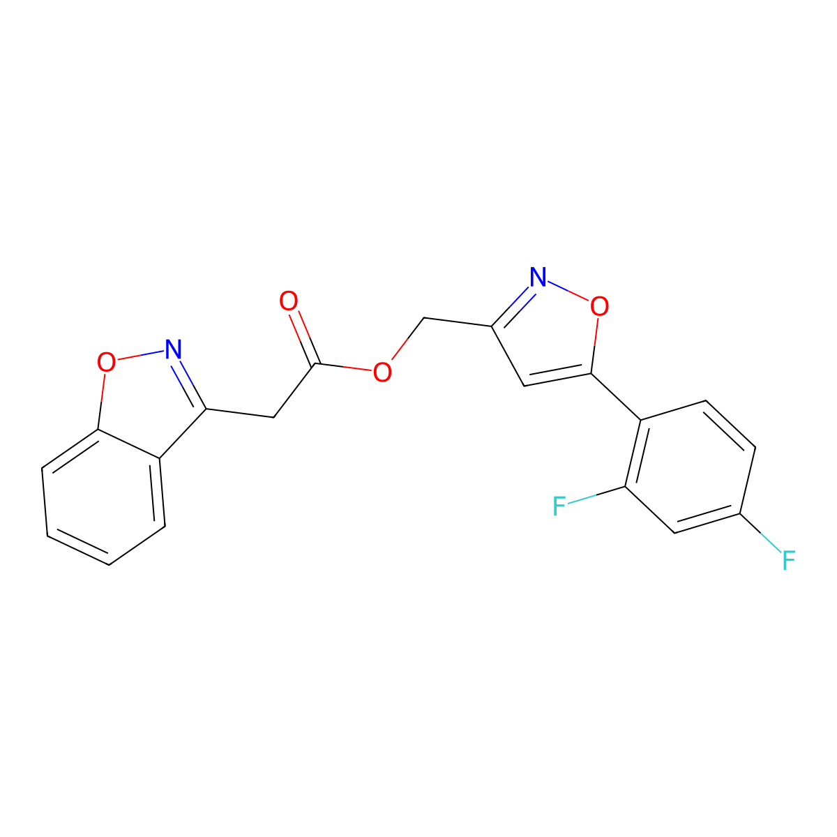 (5-(2,4-Difluorophenyl)isoxazol-3-yl)methyl 2-(benzo[d]isoxazol-3-yl)acetate molecular structure, CAS 1210697-80-5