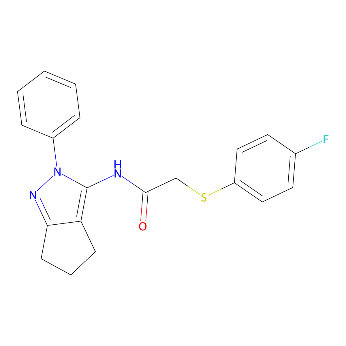 2-((4-fluorophenyl)thio)-N-(2-phenyl-2,4,5,6-tetrahydrocyclopenta[c]pyrazol-3-yl)acetamide molecular structure, CAS 1210704-54-3