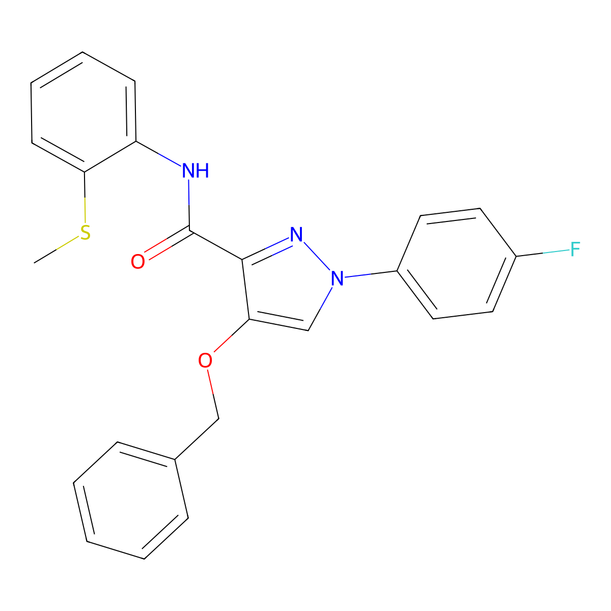 4-(benzyloxy)-1-(4-fluorophenyl)-N-(2-(methylthio)phenyl)-1H-pyrazole-3-carboxamide molecular structure, CAS 1210707-96-2