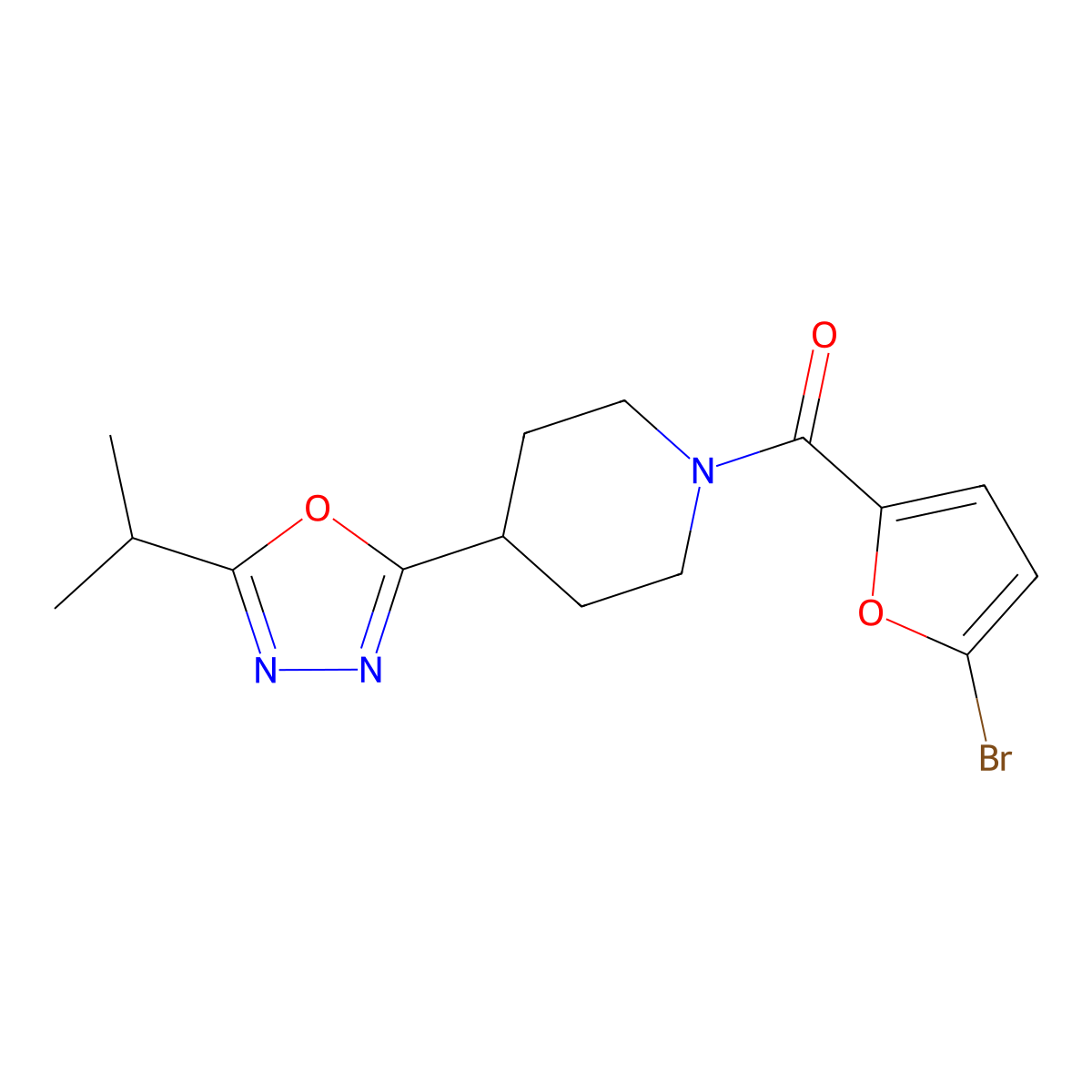 (5-Bromofuran-2-yl)(4-(5-isopropyl-1,3,4-oxadiazol-2-yl)piperidin-1-yl)methanone molecular structure, CAS 1210708-97-6