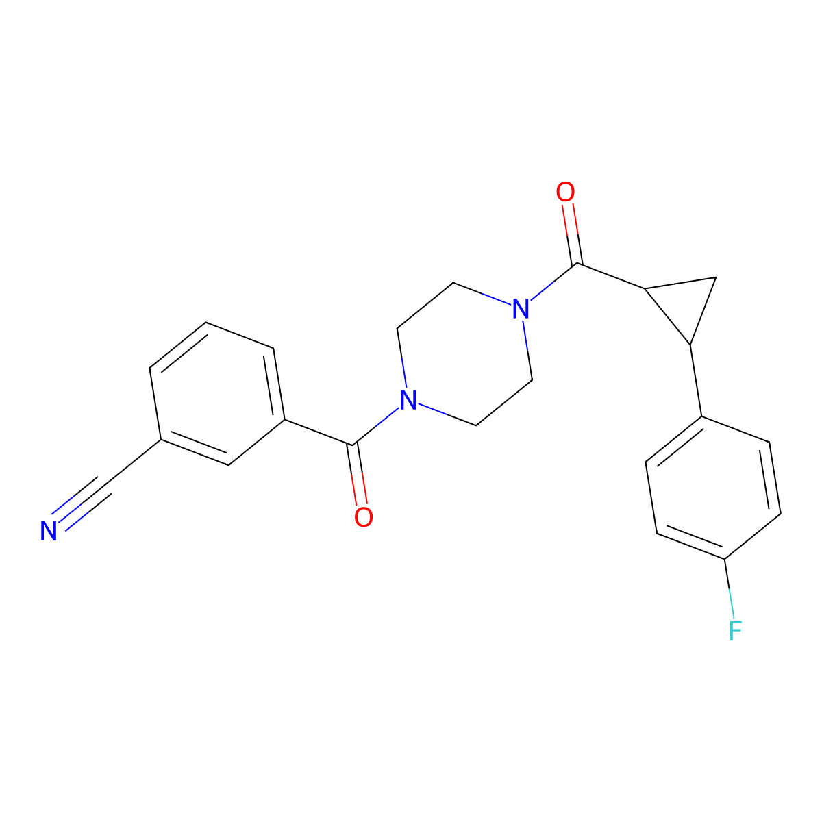3-(4-(2-(4-Fluorophenyl)cyclopropanecarbonyl)piperazine-1-carbonyl)benzonitrile molecular structure, CAS 1210722-83-0