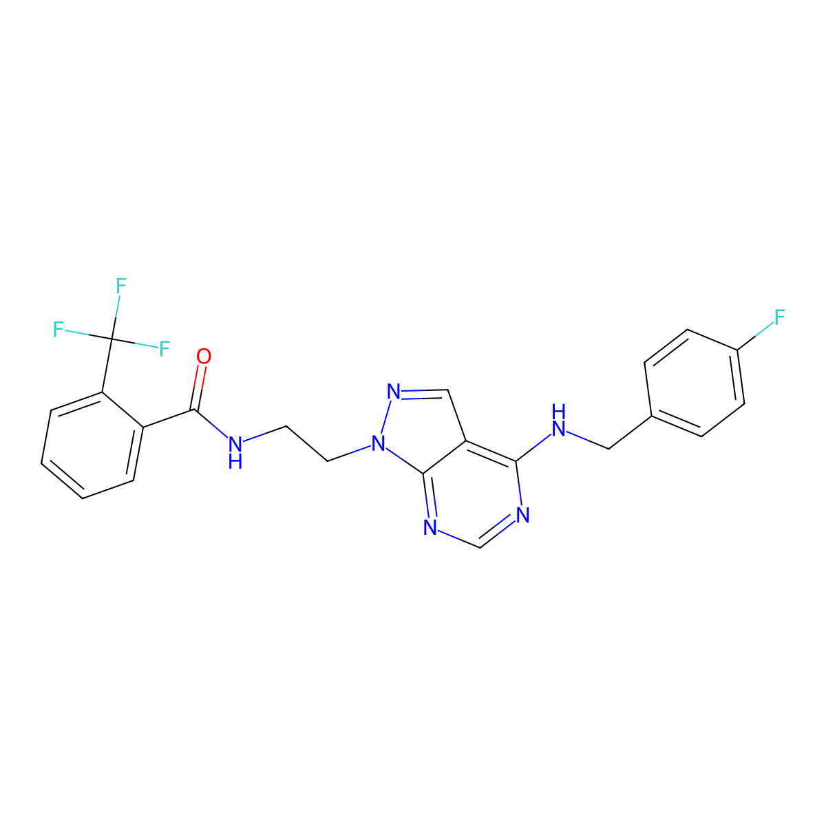 N-(2-(4-((4-fluorobenzyl)amino)-1H-pyrazolo[3,4-d]pyrimidin-1-yl)ethyl)-2-(trifluoromethyl)benzamide molecular structure, CAS 1210723-14-0