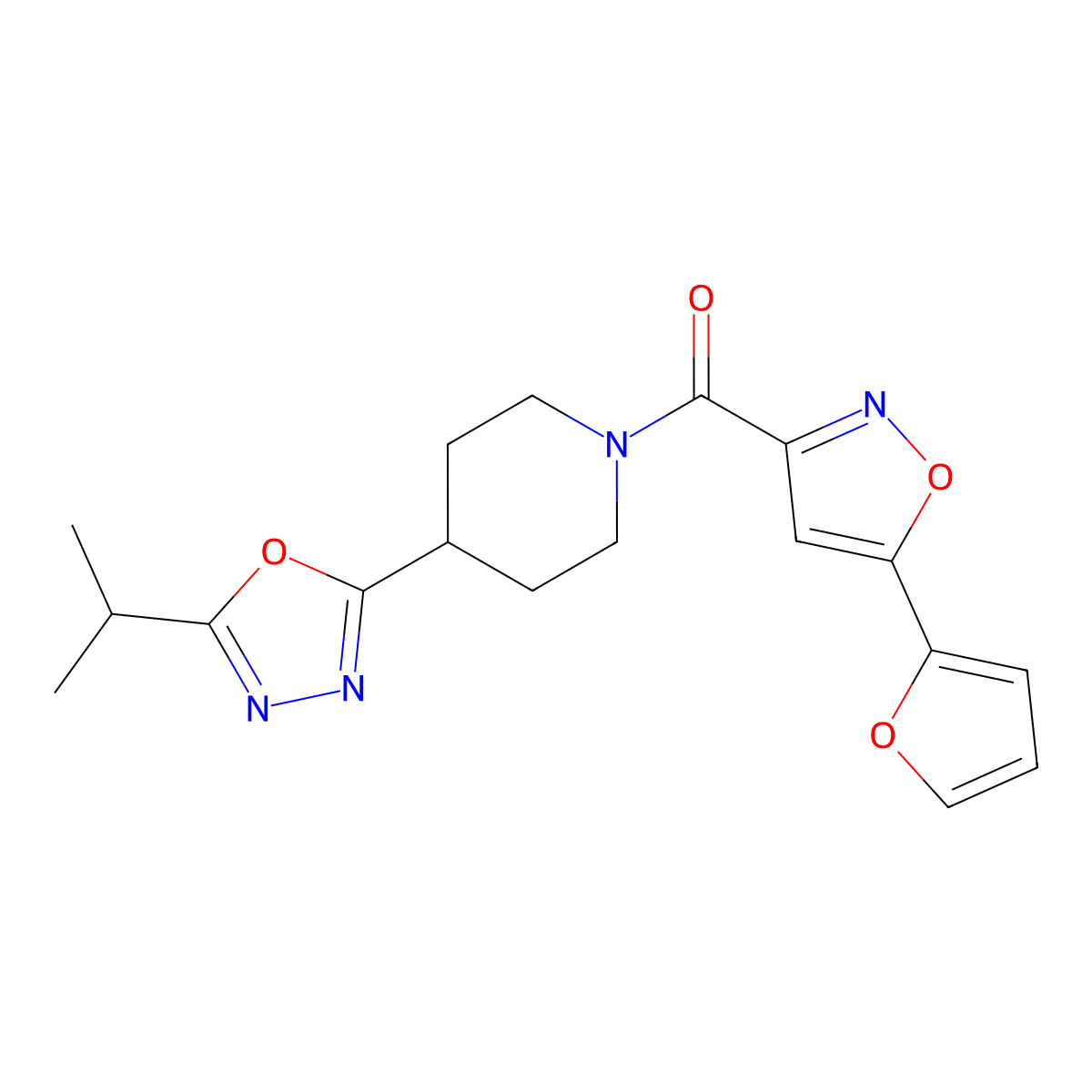 (5-(Furan-2-yl)isoxazol-3-yl)(4-(5-isopropyl-1,3,4-oxadiazol-2-yl)piperidin-1-yl)methanone molecular structure, CAS 1210725-59-9