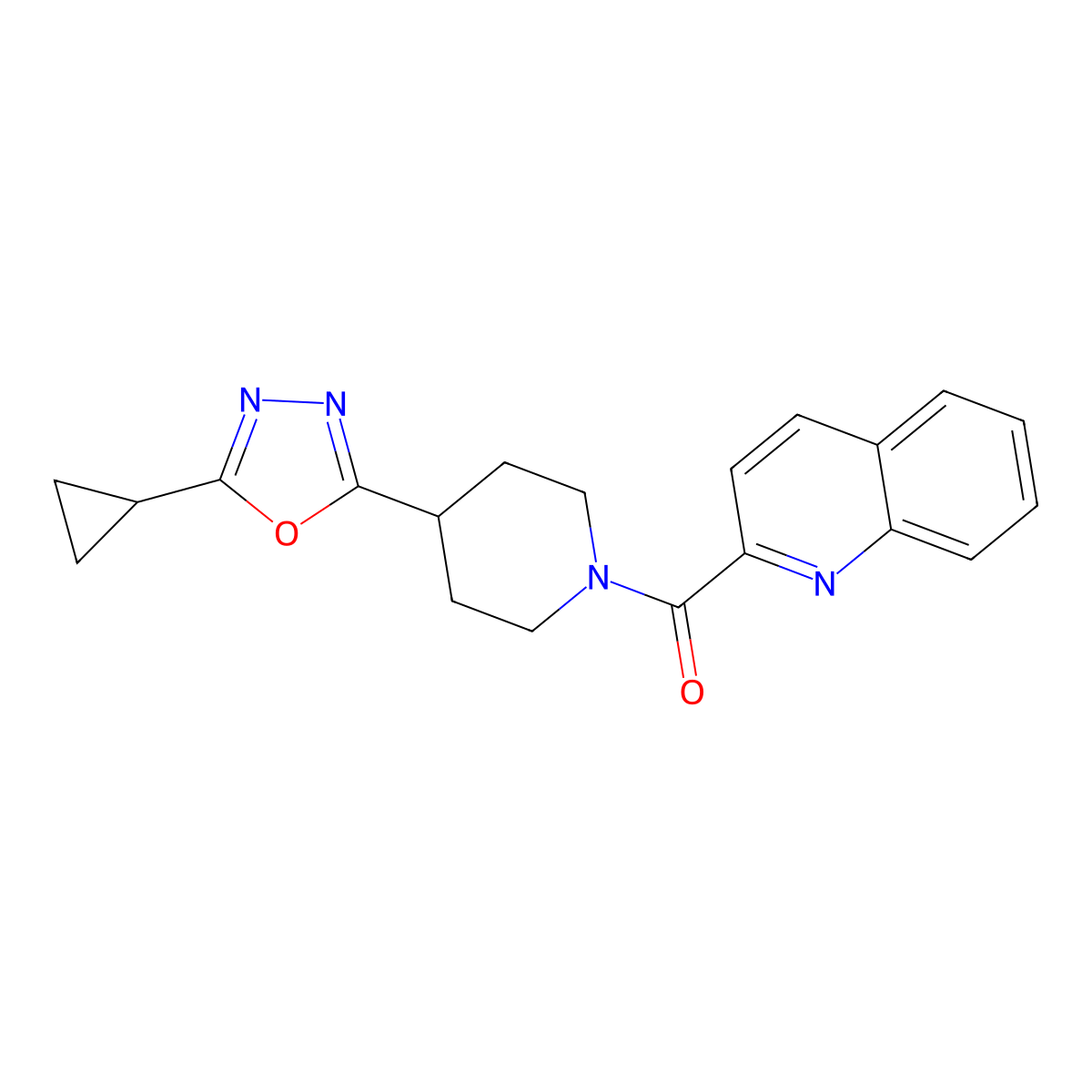 (4-(5-Cyclopropyl-1,3,4-oxadiazol-2-yl)piperidin-1-yl)(quinolin-2-yl)methanone molecular structure, CAS 1210727-41-5