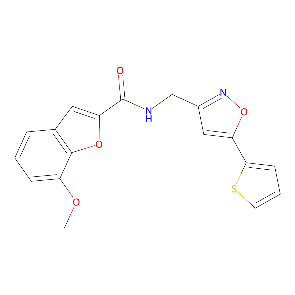 7-methoxy-N-((5-(thiophen-2-yl)isoxazol-3-yl)methyl)benzofuran-2-carboxamide molecular structure, CAS 1210727-43-7